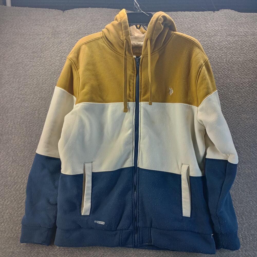 US Polo Assn Sherpa Lined Hoodie Jacket Mens L Colorblock Full Zip Warm Coat
